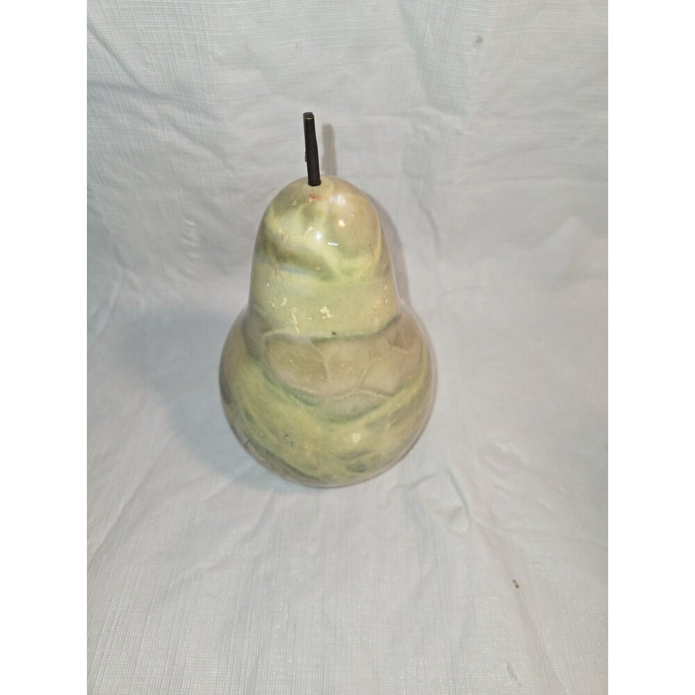 7" tall green alabaster marble carved pear with stem and leaf Italy fake fruit